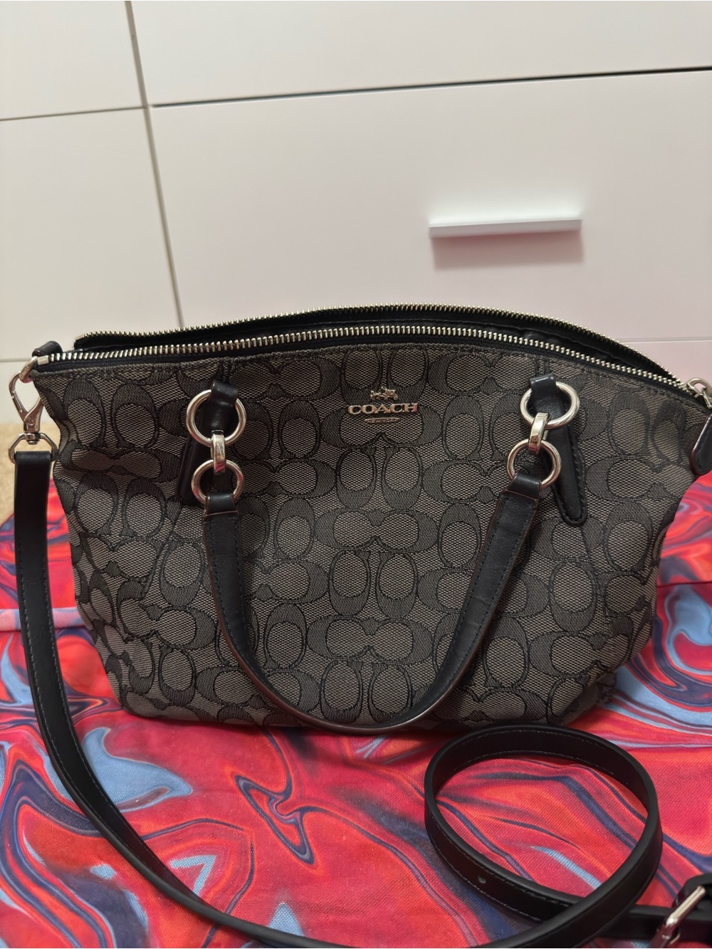 Coach Small Kelsey Satchel Black Smoke Monogram Crossbody Bag